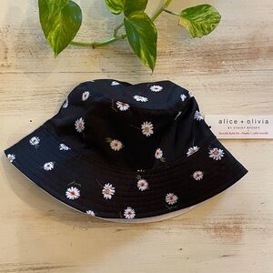 Alice + Olivia Black Daisy Bucket Hat with White & Yellow Flowers